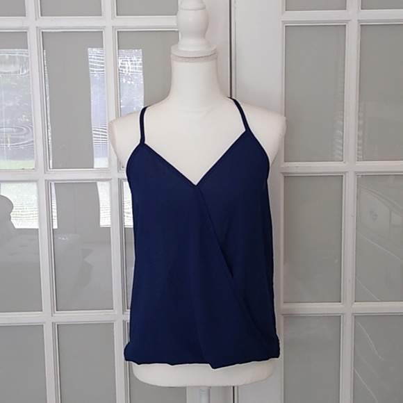 NEW Lily White Sleeveless V Neck Navy Chiffon Surplus Wrap Blouse - Picture 3 of 13